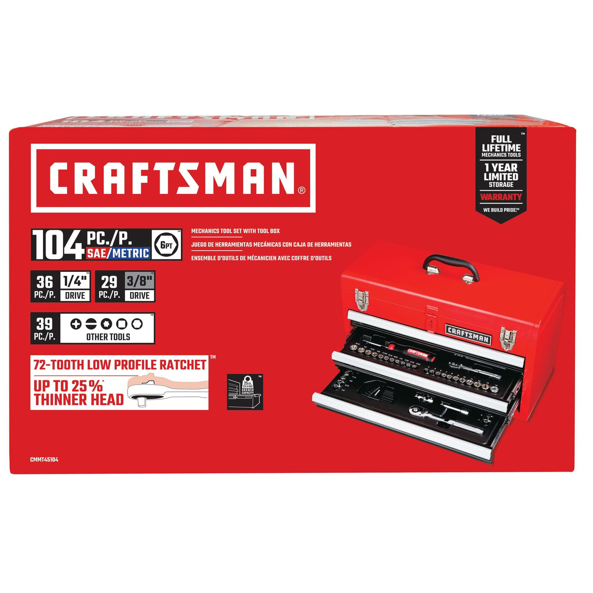 Craftsman 104Pc tool set under-lid storage keeps extras secure.