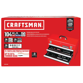 Craftsman 104Pc tool set under-lid storage keeps extras secure.