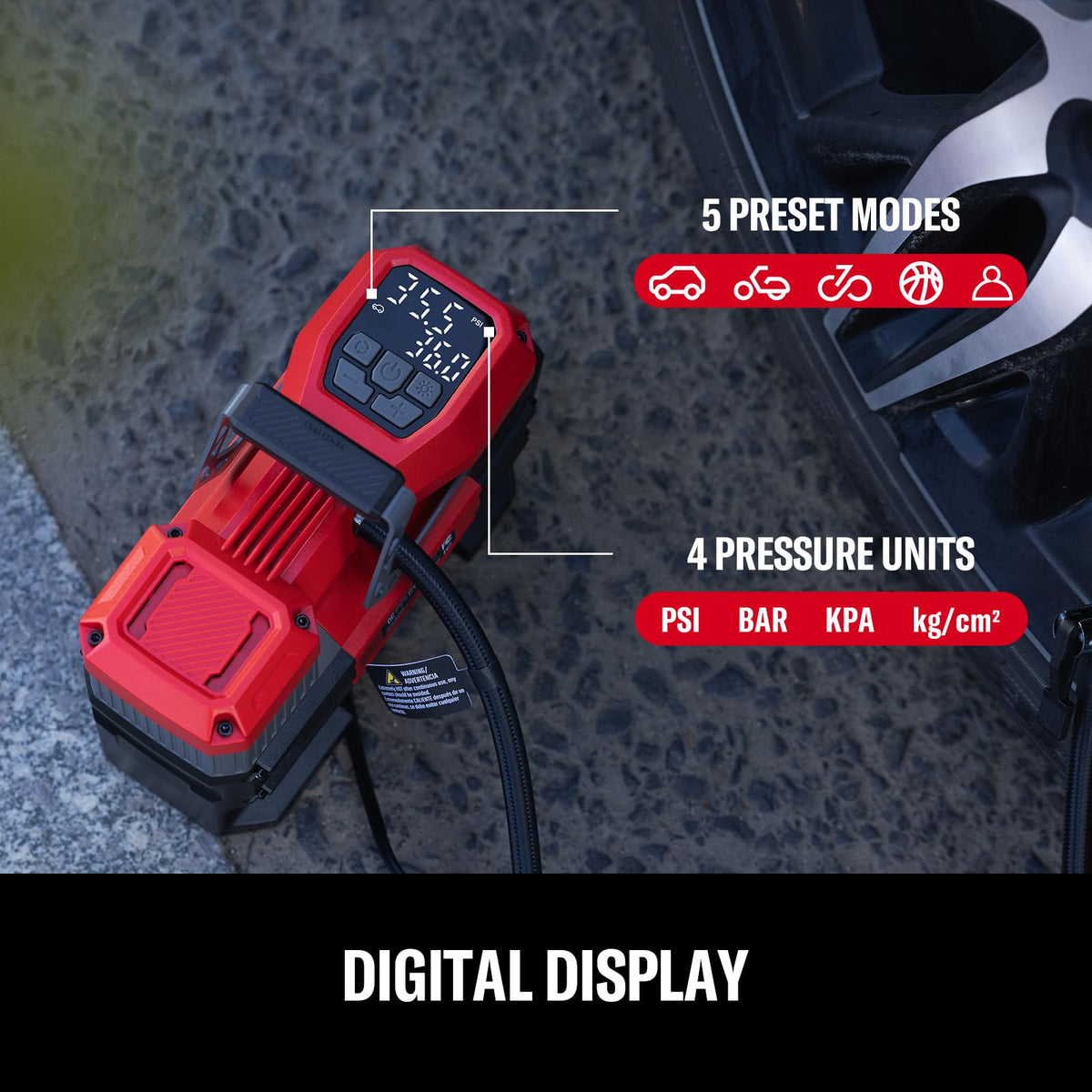 Car plug powered, portable pump ready for 12V on the go.