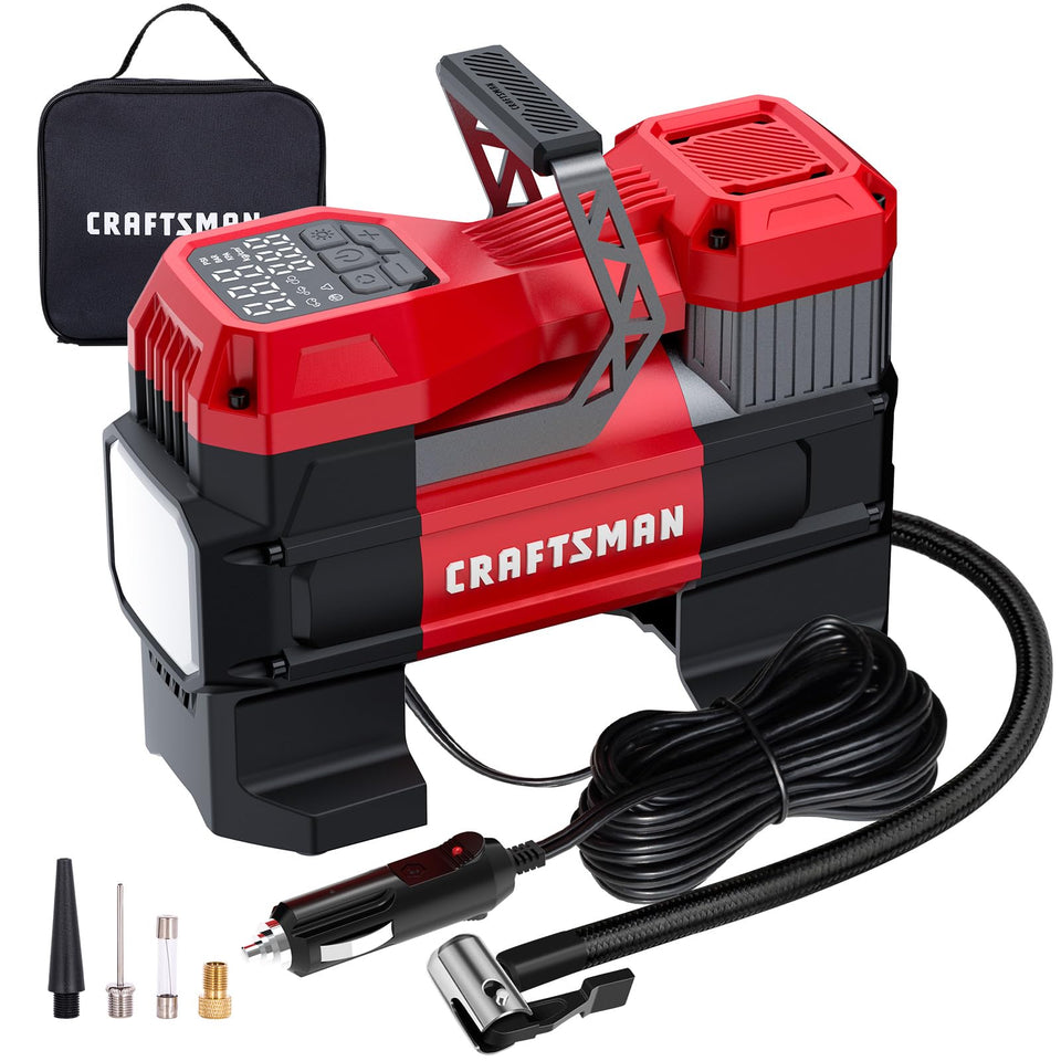 Craftsman 12V tire inflator with digital gauge for quick roadside checks.