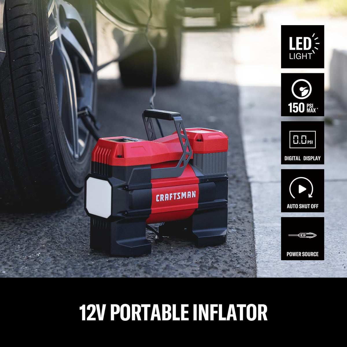 Craftsman inflator LED light enhances visibility during night inflation.