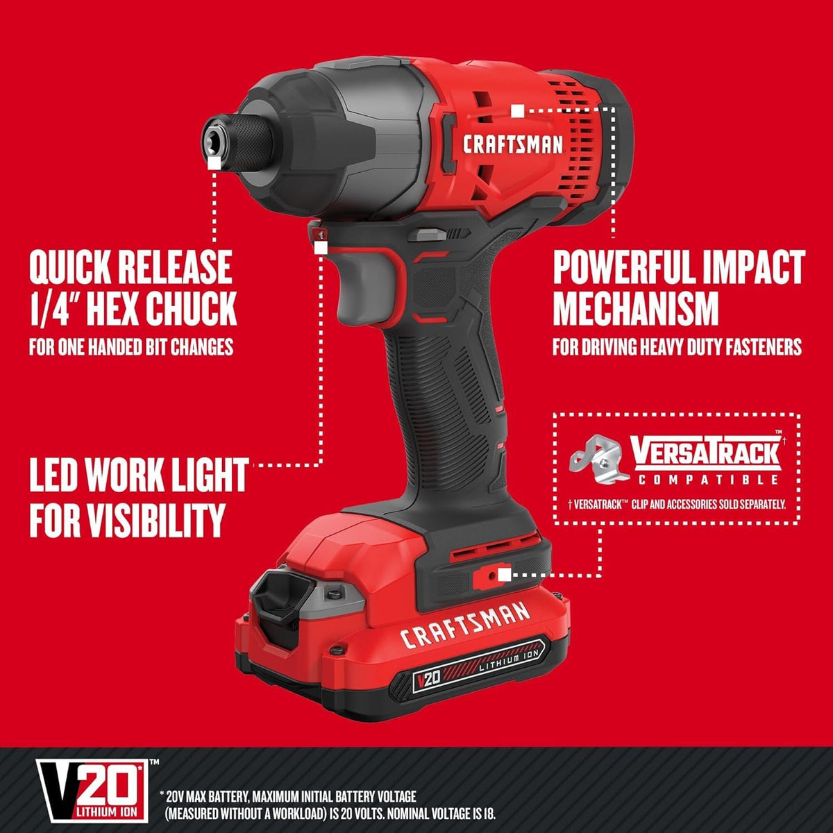 CRAFTSMAN 20V MAX Impact Driver Kit chuck-release feature for quick bit changes.