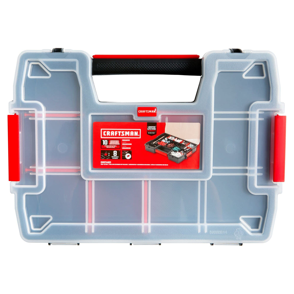 Three-pack stackable design with secure latch for tool and part storage.