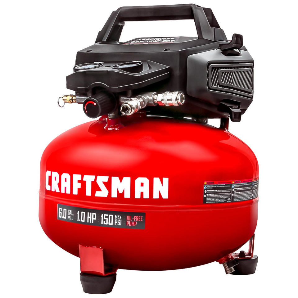 Craftsman 6-gallon pancake air compressor front view for versatile home shop tasks.