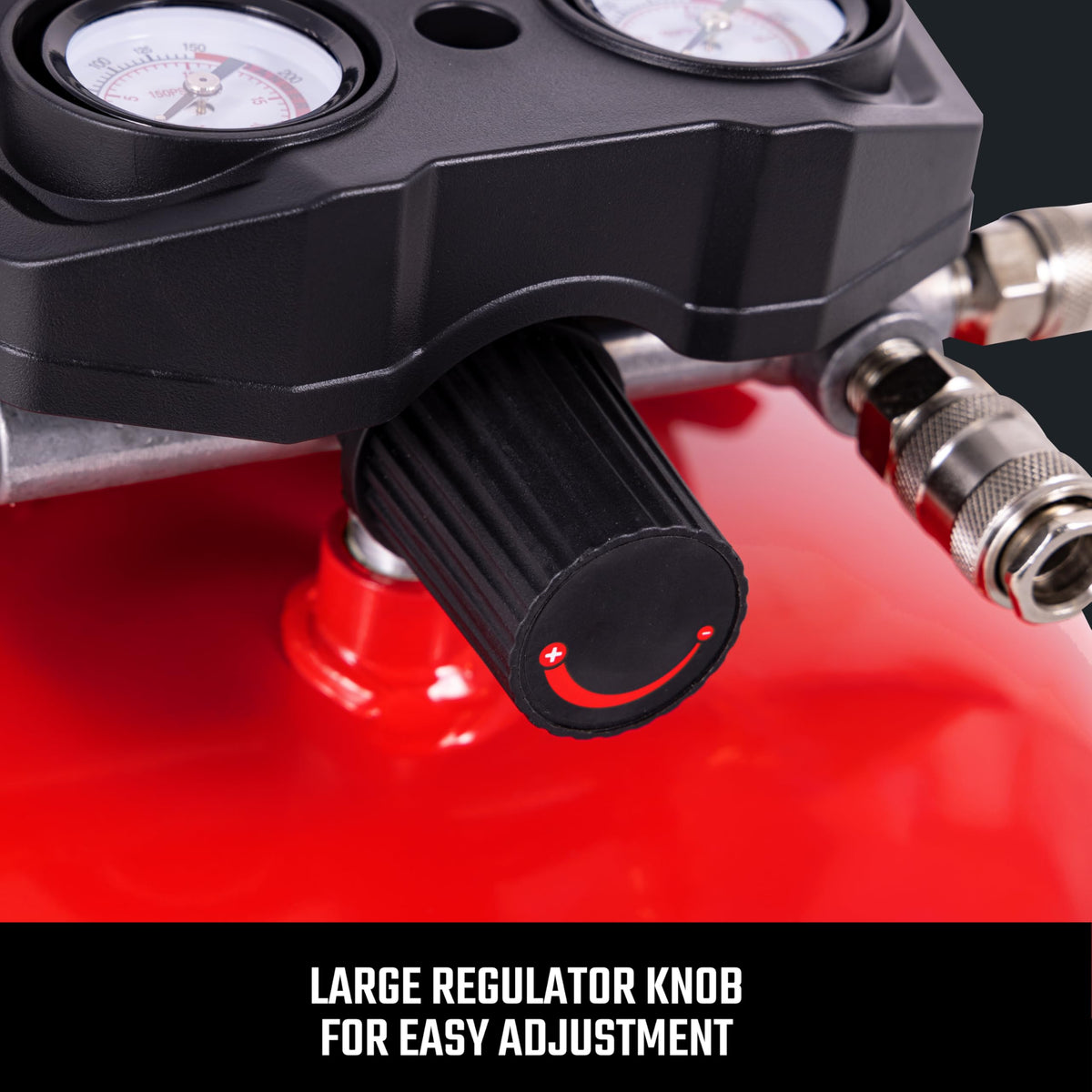 Craftsman 6-gallon pancake air compressor top view with gauge for quick pressure checks.