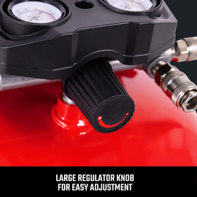 Craftsman 6-gallon pancake air compressor top view with gauge for quick pressure checks.