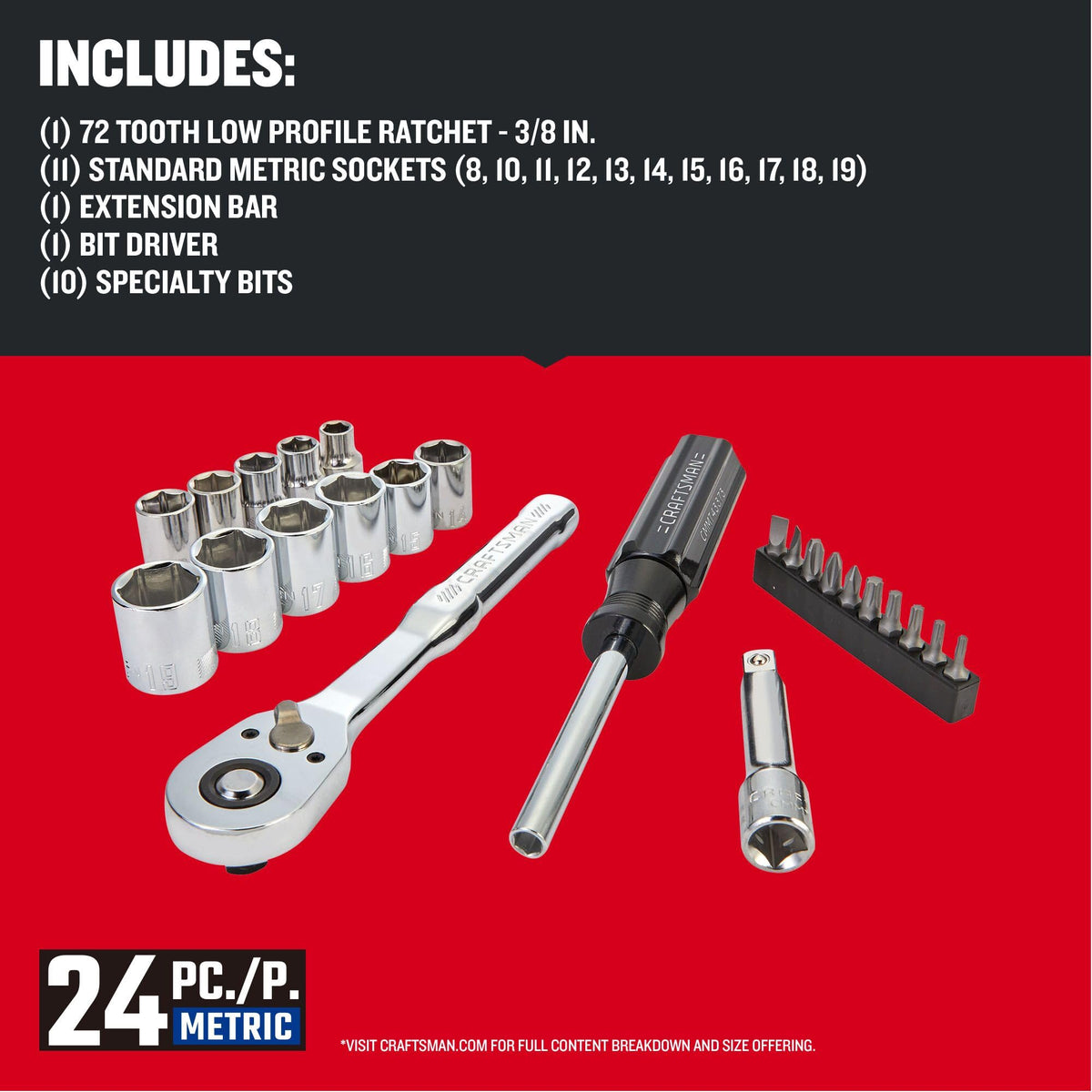 Craftsman 72-tooth ratchet delivers 5-degree arc for precise turning.