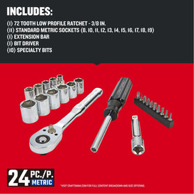 Craftsman 72-tooth ratchet delivers 5-degree arc for precise turning.