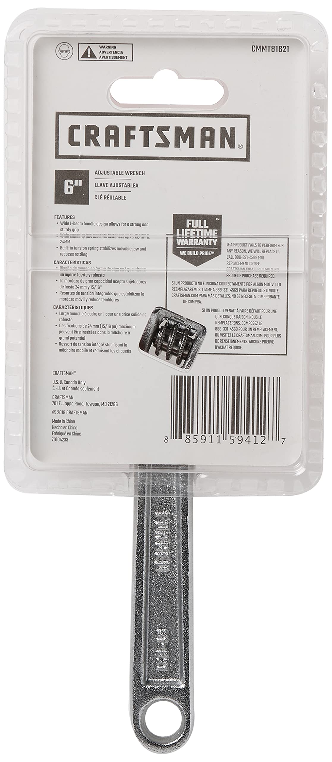 CRAFTSMAN chrome-finish adjustable wrench resists corrosion in daily repairs.