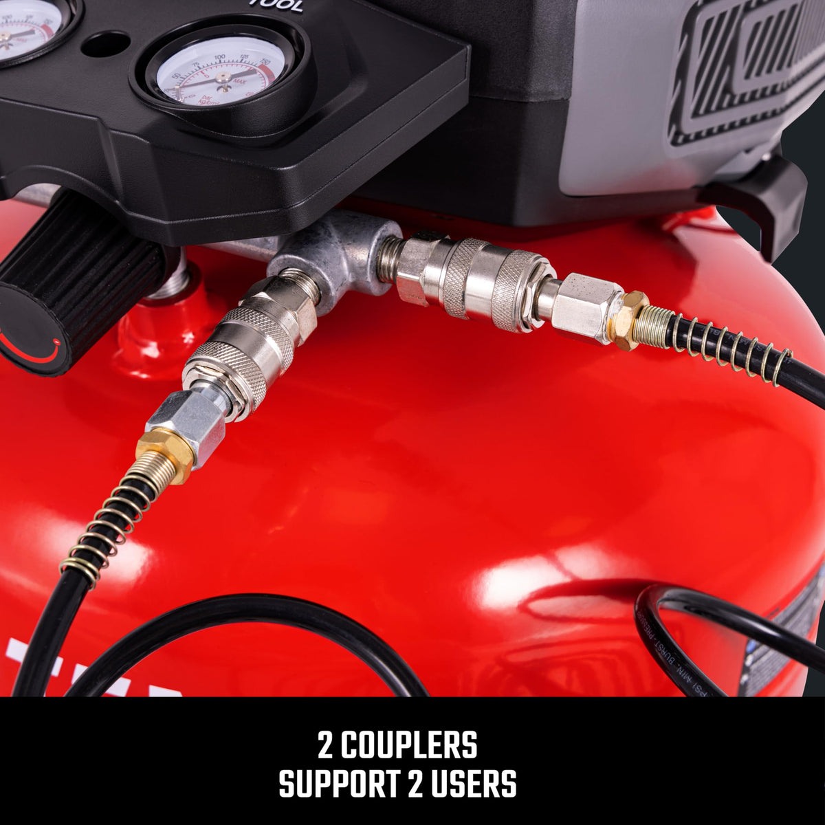 Craftsman air compressor with dual quick couplers supports multiple tools at once.
