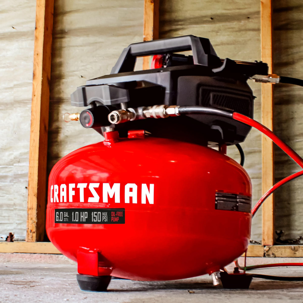 Craftsman lightweight pancake design travels easily to job sites.