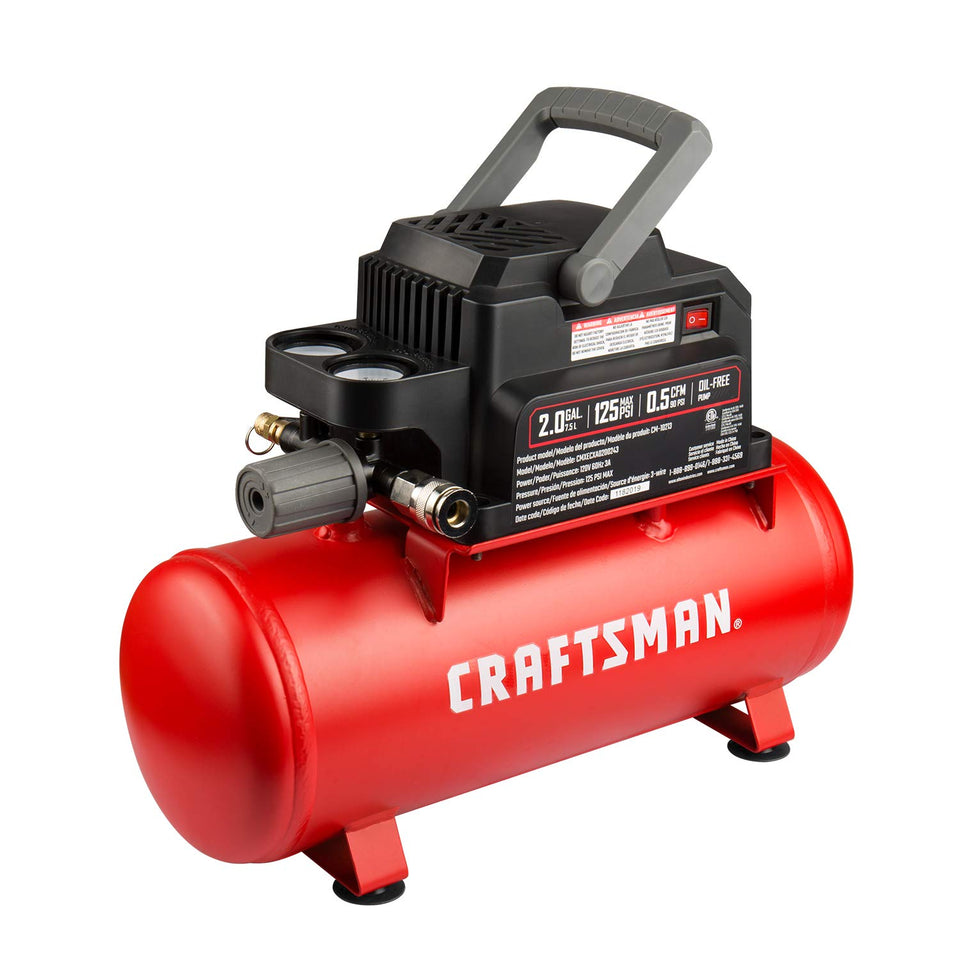 Craftsman CMXECXA0200243 front view highlights portable 2-gallon air compressor for jobsite use