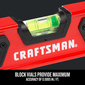 CRAFTSMAN aluminum-bodied level offering durability and light weight for busy work sites.