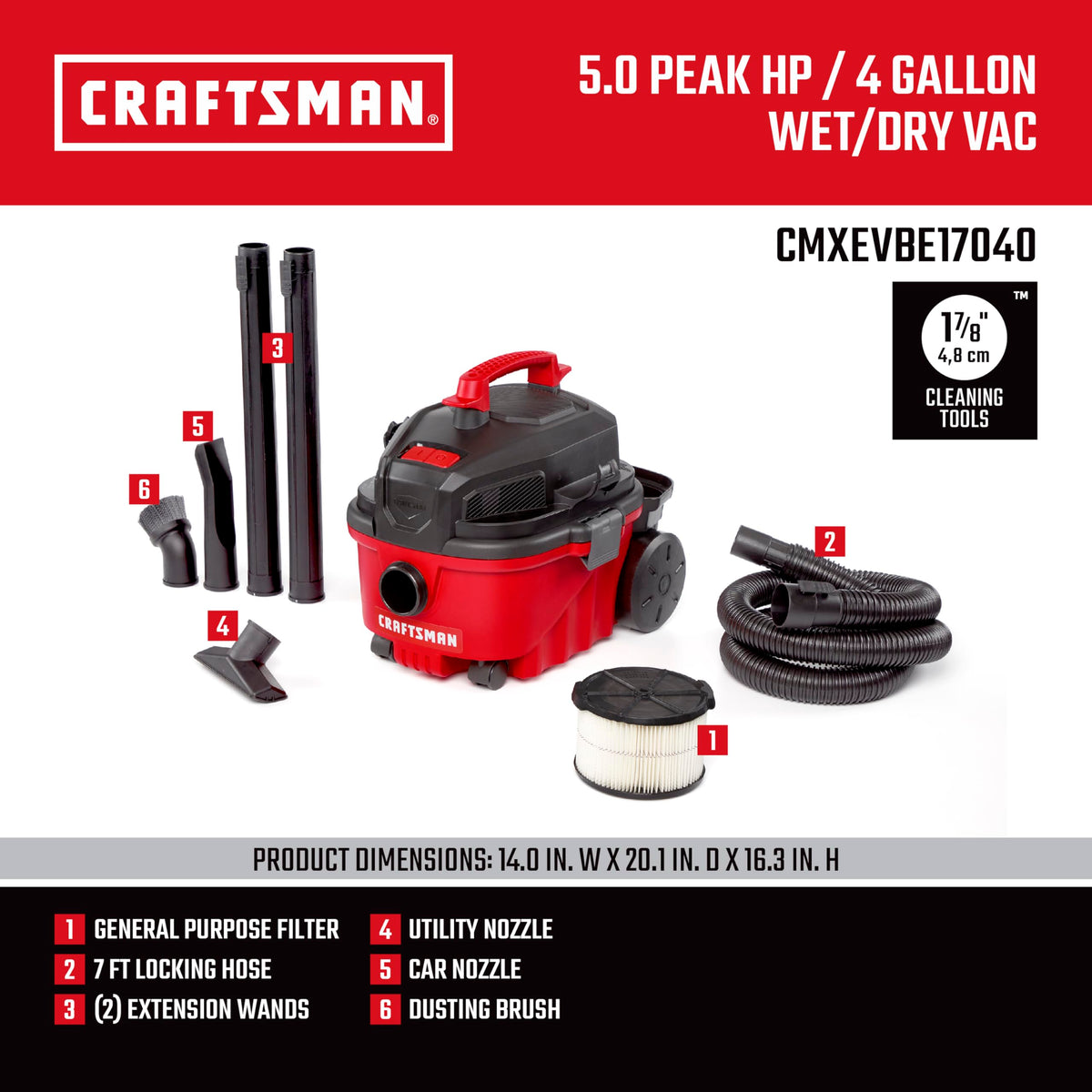 CRAFTSMAN CMXEVBE17040 15 ft cord provides ample reach for garages.