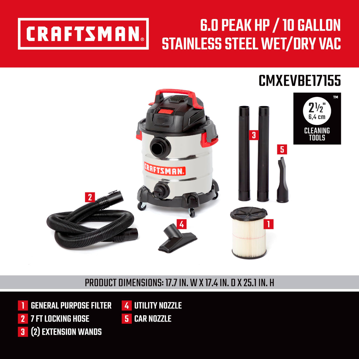 Craftsman CMXEVBE17155 2-1/2-inch hose offers versatile reach for cars, floors, and upholstery.