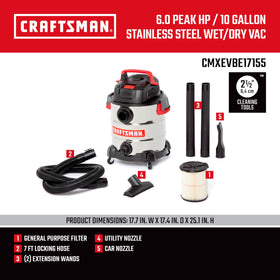 Craftsman CMXEVBE17155 2-1/2-inch hose offers versatile reach for cars, floors, and upholstery.