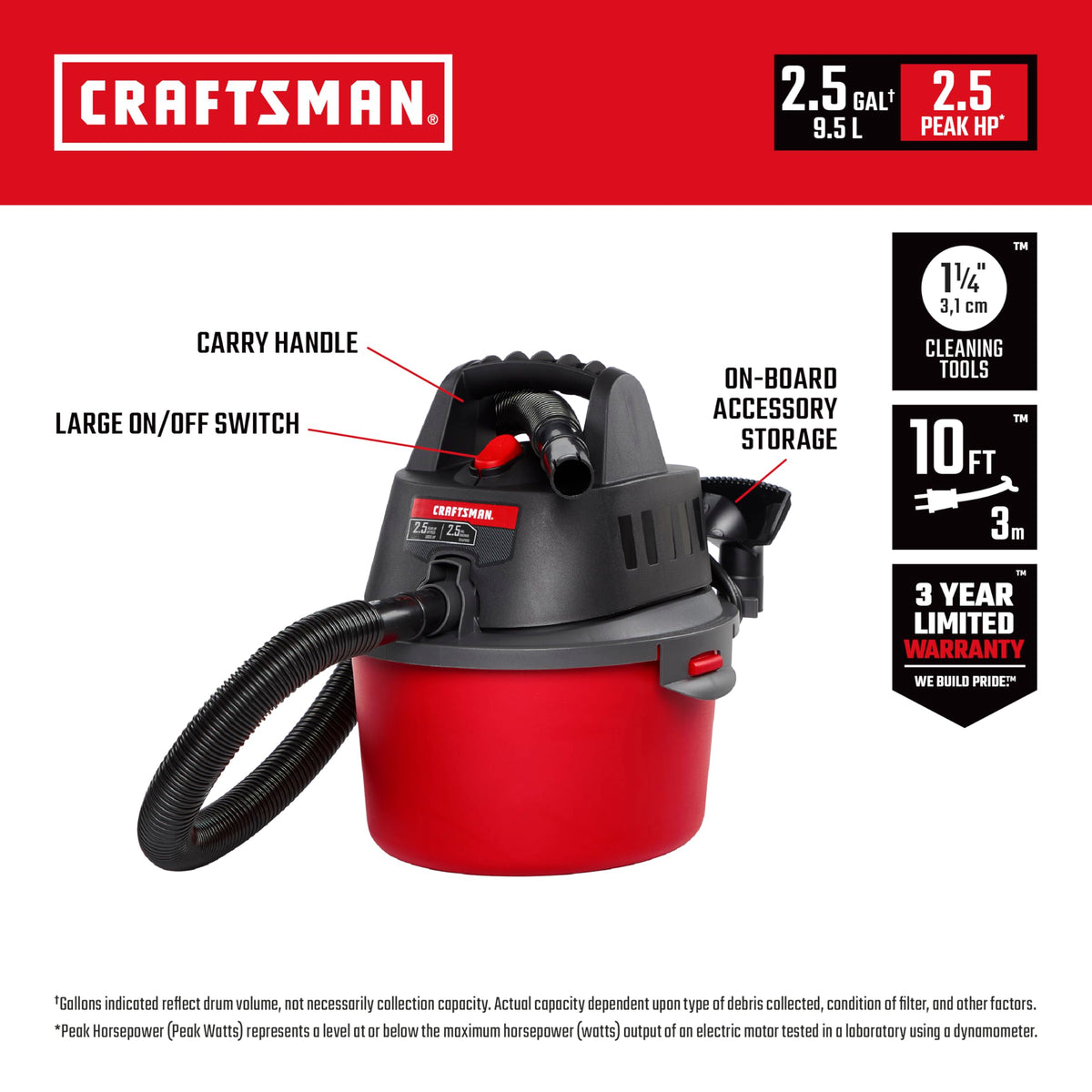 Craftsman CMXEVBE17250 compact 2.5-gallon drum for easy storage.