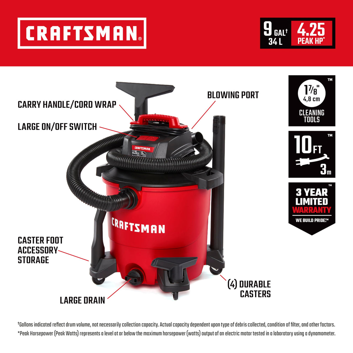 CRAFTSMAN CMXEVBE17590 4.25 HP motor delivers strong suction for messes