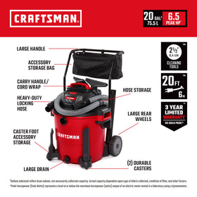 Craftsman CMXEVBE17656 6-5hp-motor delivers strong suction for heavy debris in workshops.