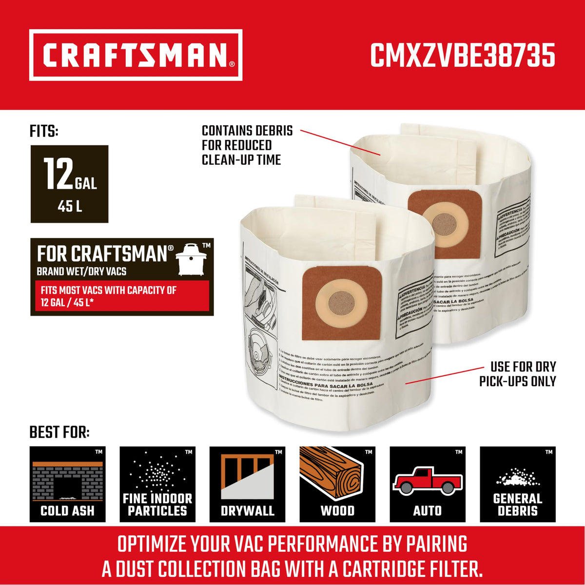 CRAFTSMAN CMXZVBE38735 dry debris pickup with compatible vacuum for faster cleanup
