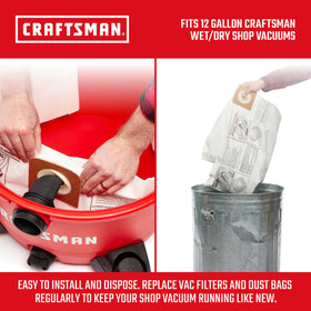 CRAFTSMAN CMXZVBE38735 dust bags securing at inlet for mess-free disposal