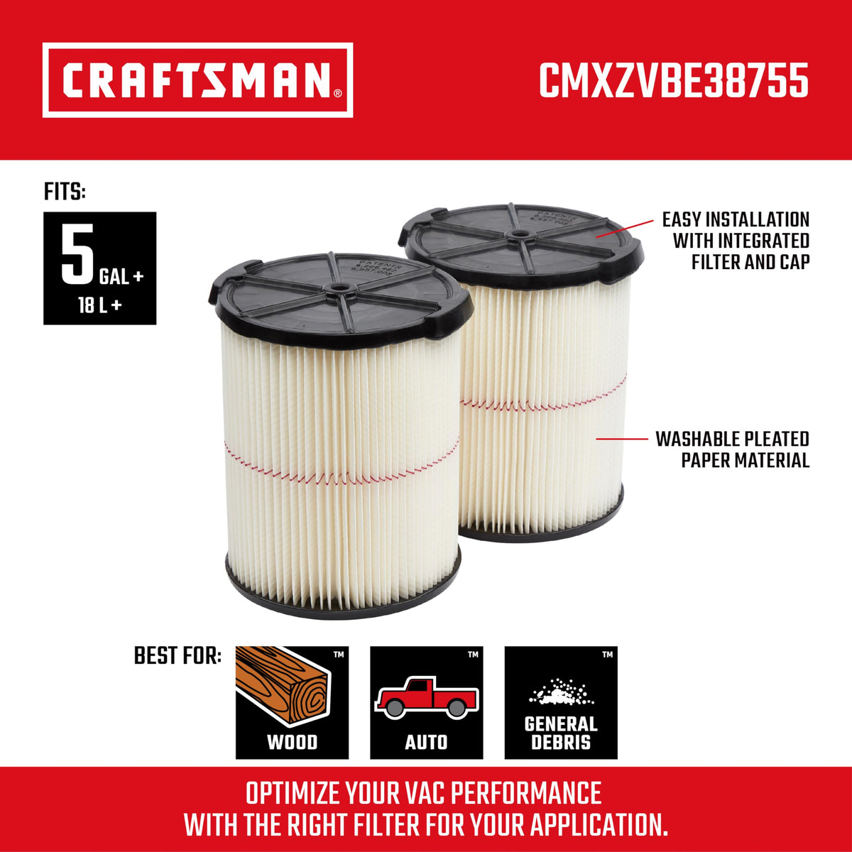 CRAFTSMAN CMXZVBE38755 easy-install filter with Qwik Lock for quick swap.