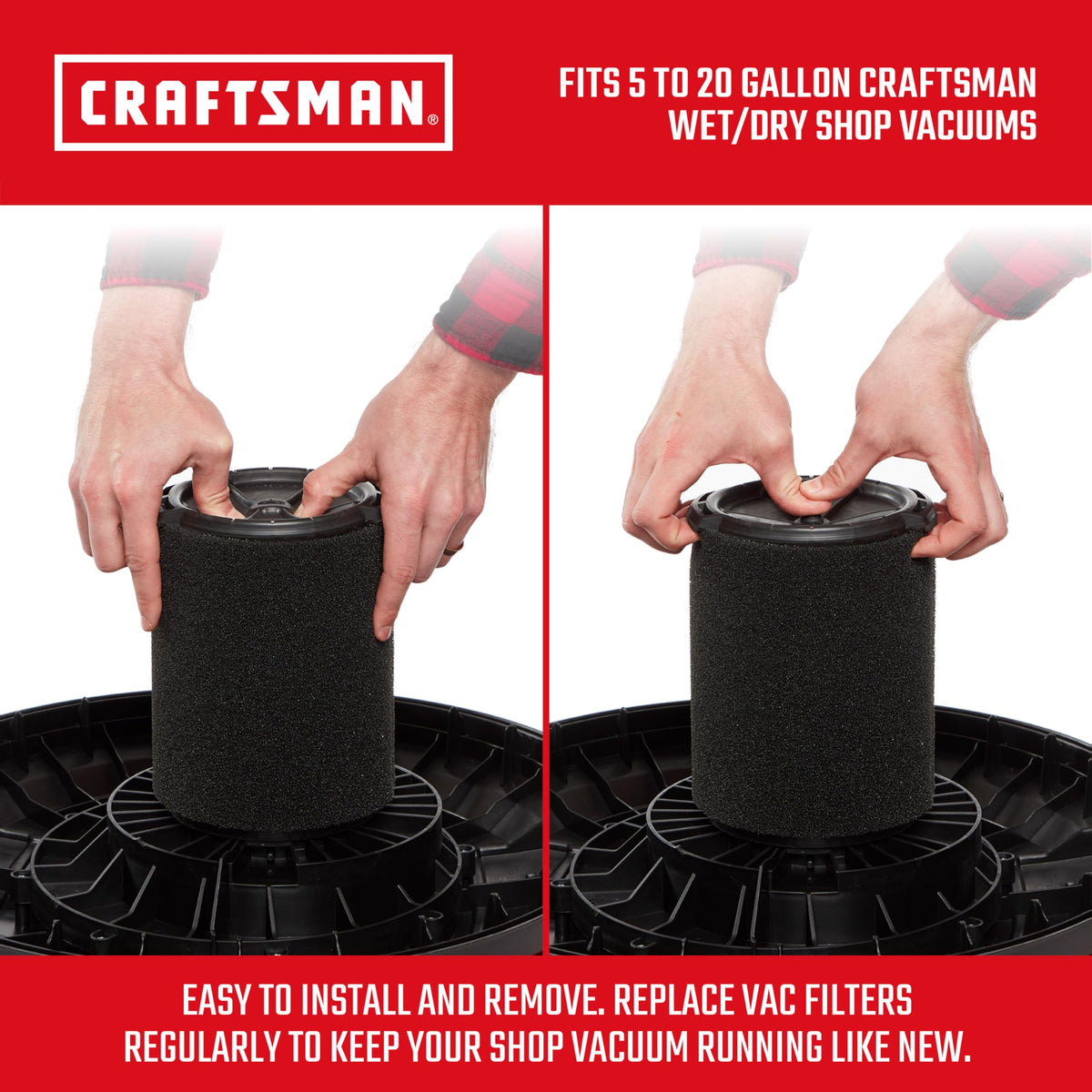 CRAFTSMAN CMXZVBE38773 overview highlighting reusable, washable wet filter.