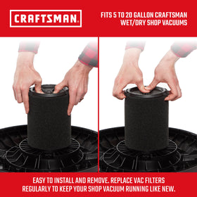 CRAFTSMAN CMXZVBE38773 overview highlighting reusable, washable wet filter.