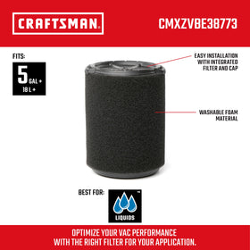 CRAFTSMAN CMXZVBE38773 side view wet filter showing slim profile for fit.