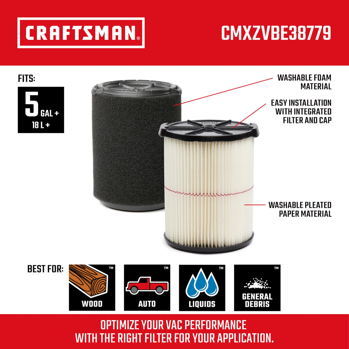 Craftsman CMXZVBE38779 wet-application filter designed for liquid spills