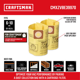 CRAFTSMAN CMXZVBE39970 dry-pickup bag captures fine debris during dry cleanup.