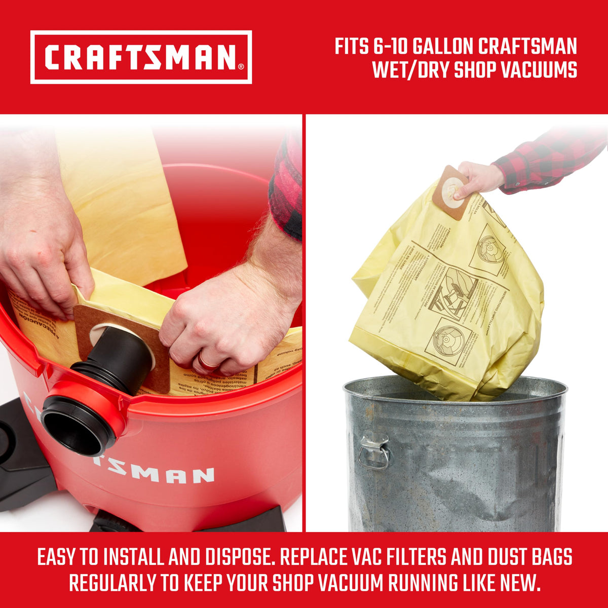 CRAFTSMAN CMXZVBE39970 dust bag installs securely over the inlet.