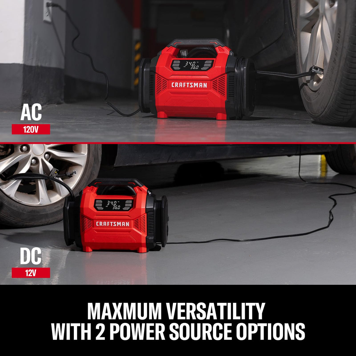 Craftsman inflator plugged into a home outlet for garage inflation