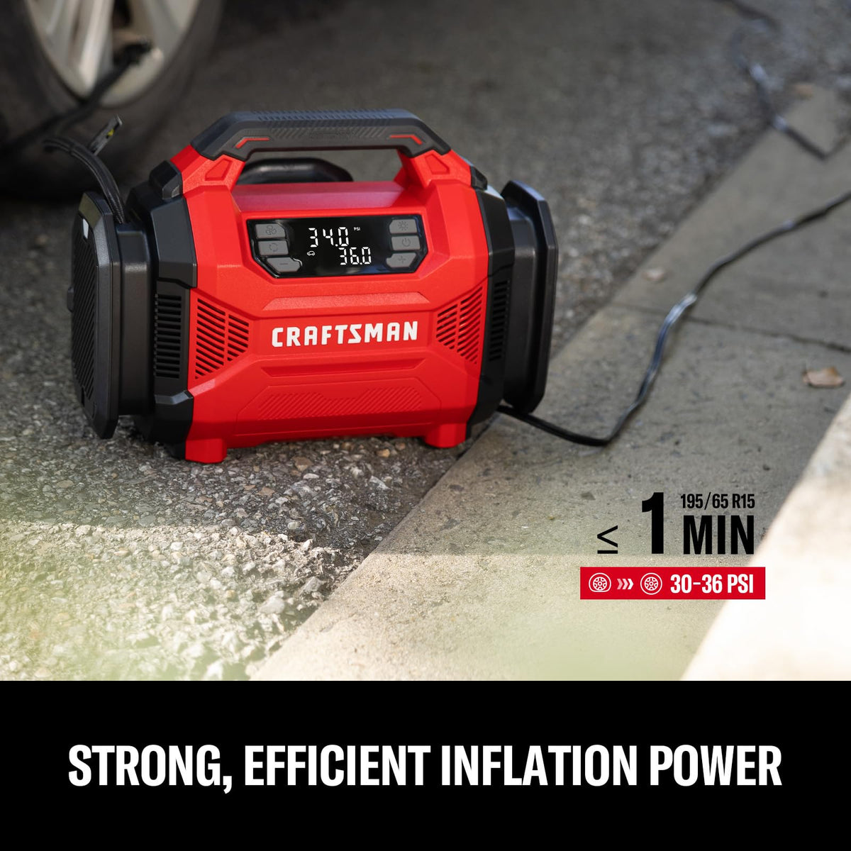 Craftsman inflator connected to a car cigarette lighter for road use