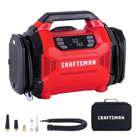 Craftsman dual power inflator with digital gauge inflating a car tire precisely