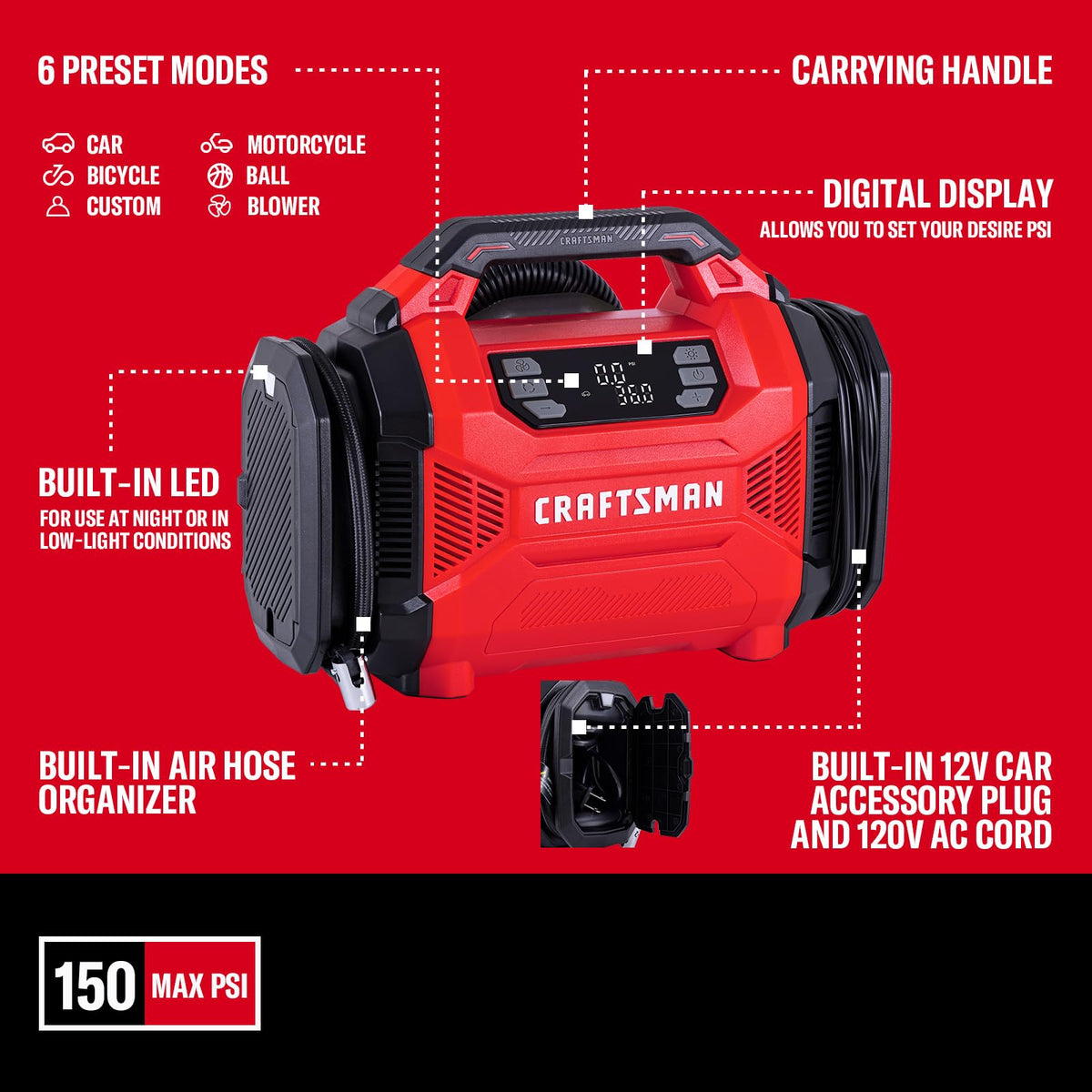 Craftsman inflator with included adapters for various valves
