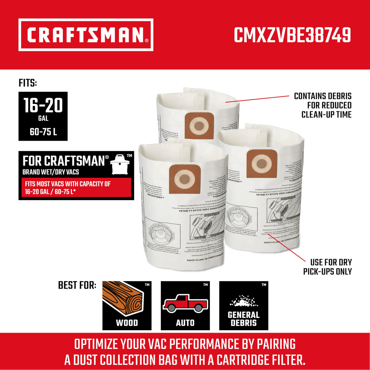 Three-pack of CRAFTSMAN bags ready for fast dry debris cleanup.