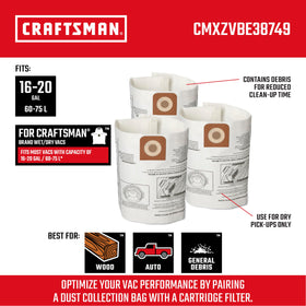Three-pack of CRAFTSMAN bags ready for fast dry debris cleanup.