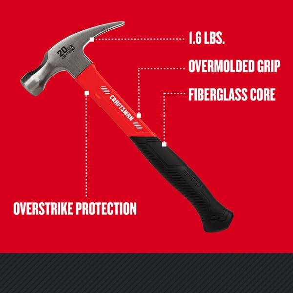 CRAFTSMAN 20oz hammer with overmold grip for secure handling during work.