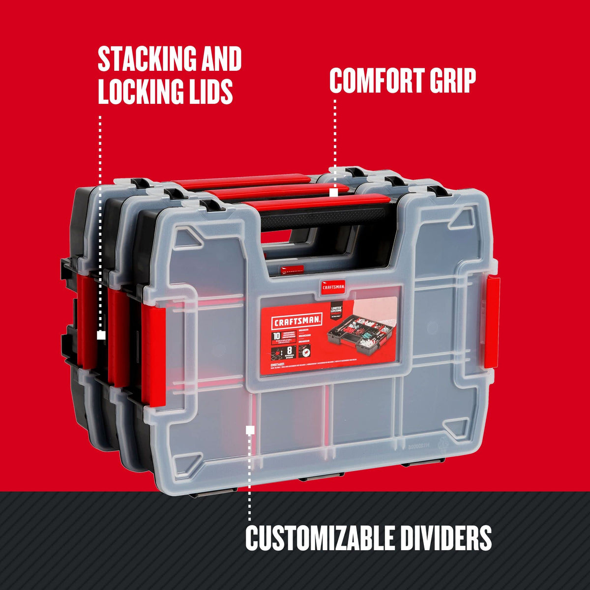Durable plastic construction keeps contents visible and accessible.