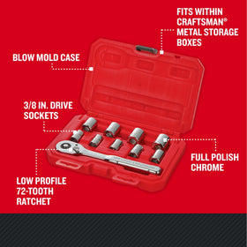 Craftsman 10-piece socket assortment with six-point sockets for secure torque.