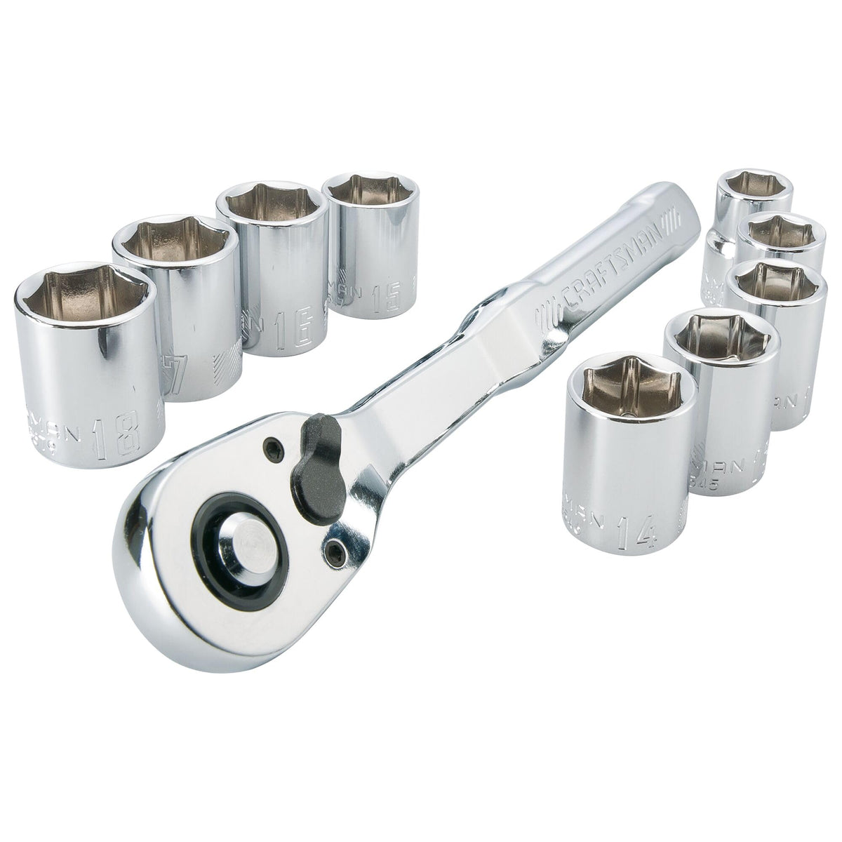 Craftsman 10-piece metric tool set with low-profile 3/8-inch ratchet for tight spaces.