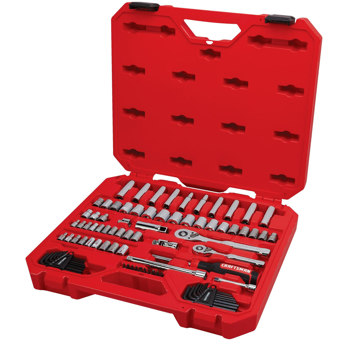 CRAFTSMAN mechanics tool set 83pc case closeup shows organized storage for automotive repairs.