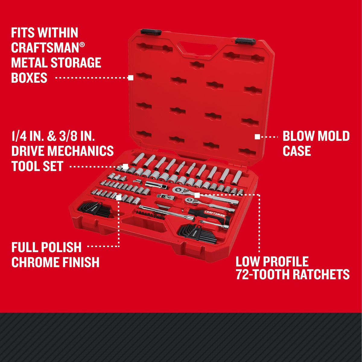 CRAFTSMAN 83pc tool set front view highlights durable blow mold case for easy portability.