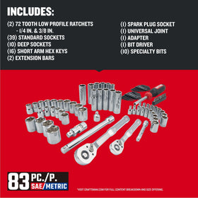 CRAFTSMAN 83pc socket assortment emphasizes broad compatibility across SAE and metric bolts.