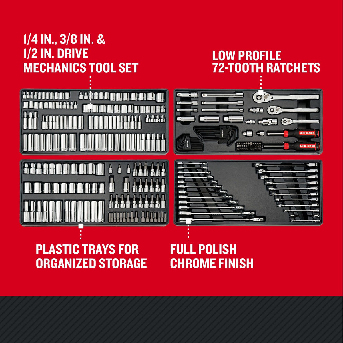 Craftsman one-quarter-inch drive low-profile ratchet enables tight-space access.