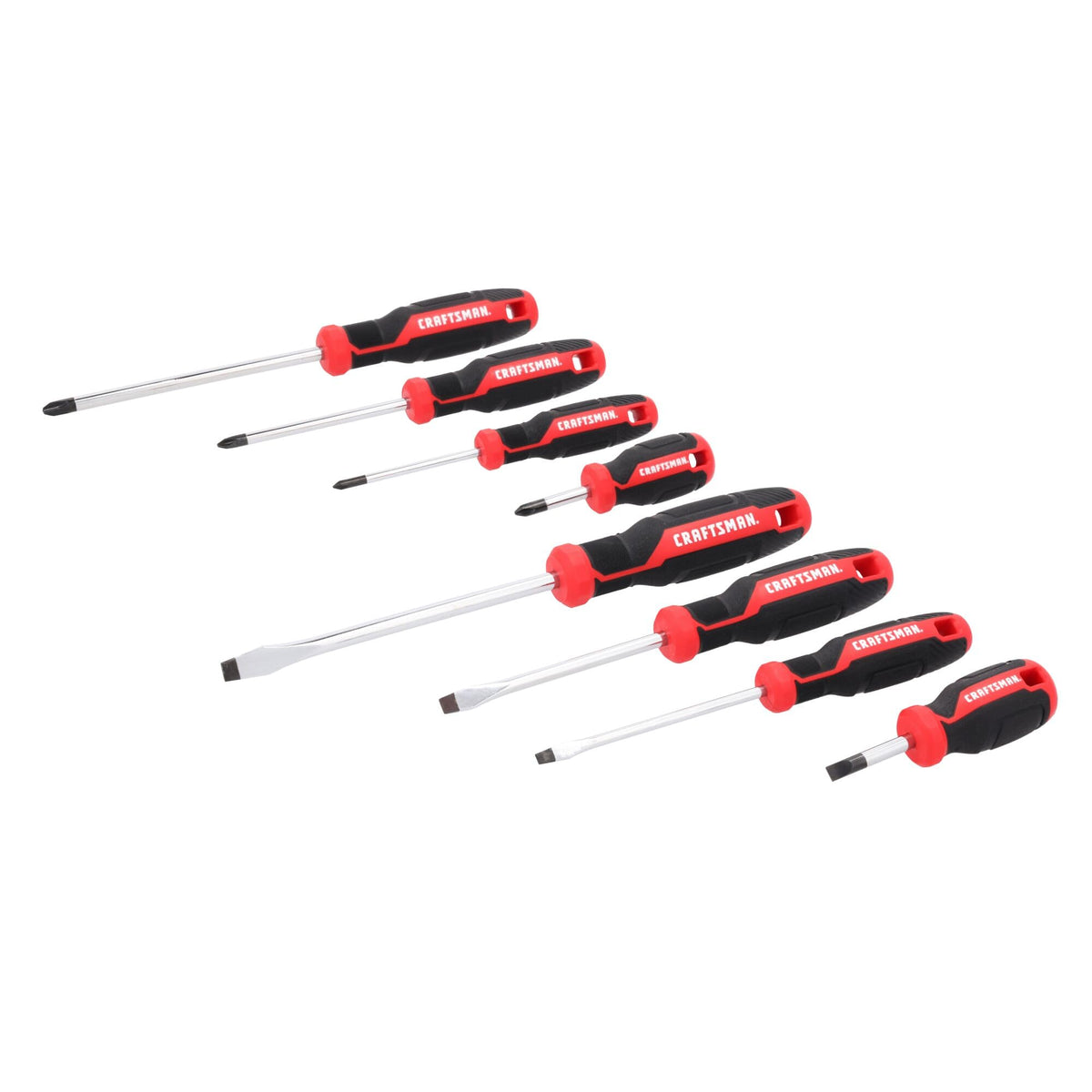 Craftsman screwdriver shows ergonomic handle and built-in hanging holes for organization.