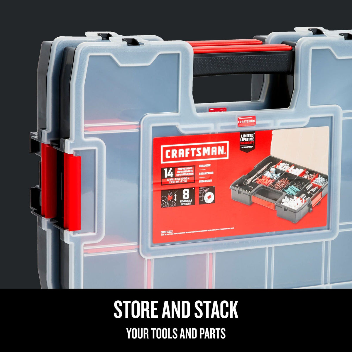 Side latches secure and enable stacking of multiple organizers