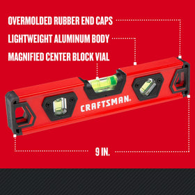 CRAFTSMAN torpedo level 9-inch with magnified center vial for precise readings.