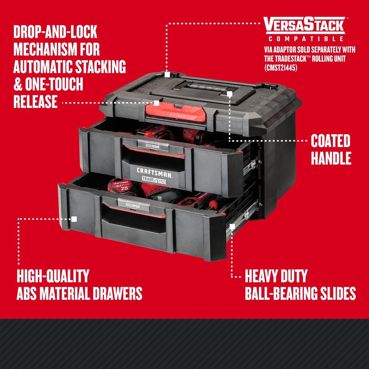 Craftsman Tradestack ABS drawers provide durable storage for tools and supplies.